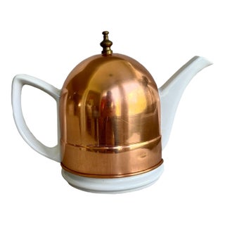 Vintage White Ceramic Teapot With Insulated Copper Jacket For Sale