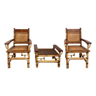 Vintage Bamboo, Rattan & Wood Lounge Chairs With Ottoman, Set of 3 For Sale