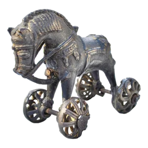 Mid 20th Century Handmade Metal-Engraved Horse-On-Wheels Accent