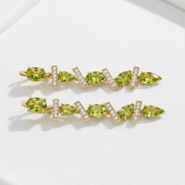Metal Modern Geometric Peridot Drop Earrings, Silver, Gold, Pair For Sale - Image 7 of 8