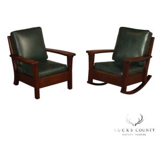 Limbert Arts & Crafts Antique Mission Oak Lounge Chair And Rocking Chair For Sale