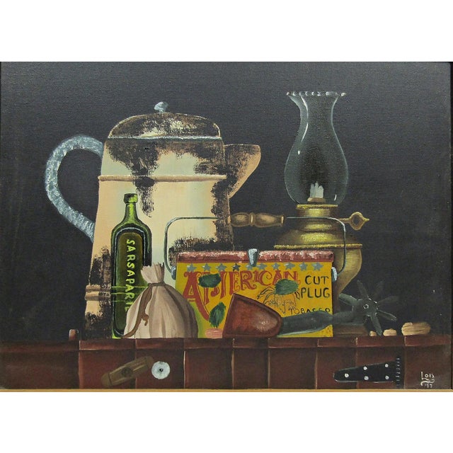 1970s Vintage Lois '77 Still Life Painting - Western Charm For Sale - Image 5 of 7
