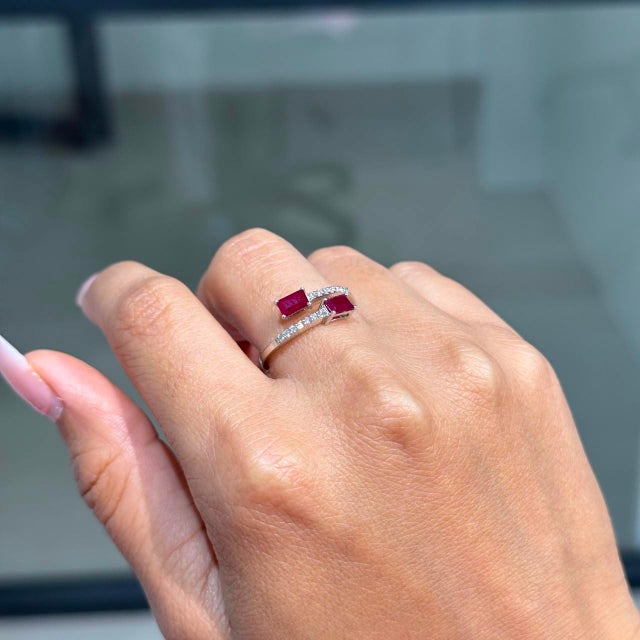 Not Yet Made - Made To Order Contemporary 14k White Gold Ruby & Diamond Open Bypass Ring Size 6.5 For Sale - Image 5 of 16