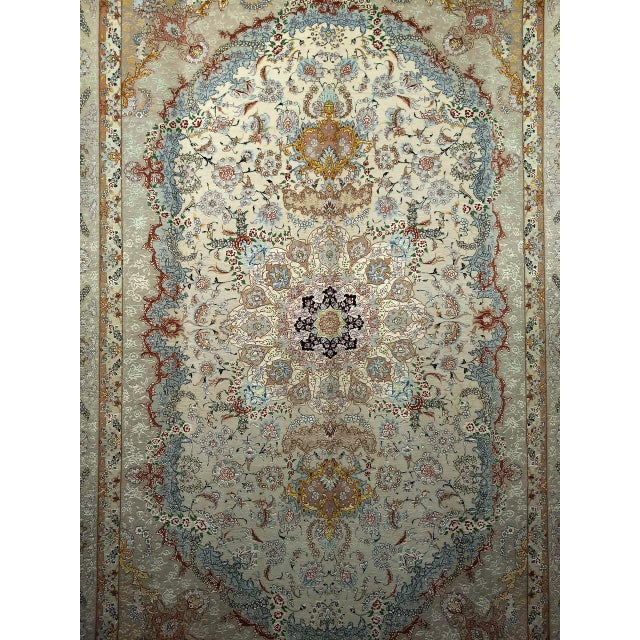 Persian Vintage Persian Tabriz Rug, Finely Hand-Knotted Wool & Silk, Floral Pattern, Ivory & Blue, 7x10 For Sale - Image 3 of 9