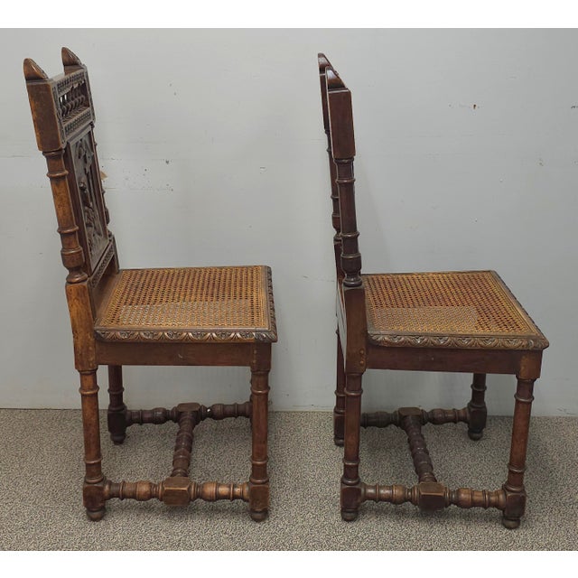 Mid 20th Century Pair Jacobean Style Carved Oak and Caned Seat Side Chairs For Sale - Image 12 of 14