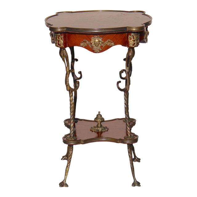 French Louis XV Revival Style Parquetry & Gilt Metal Accent Table, Mid 20th Century For Sale