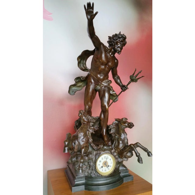 Antique French Spelter Neptune Clock and Vases by L & F Moreau, Set of 3 For Sale - Image 3 of 18