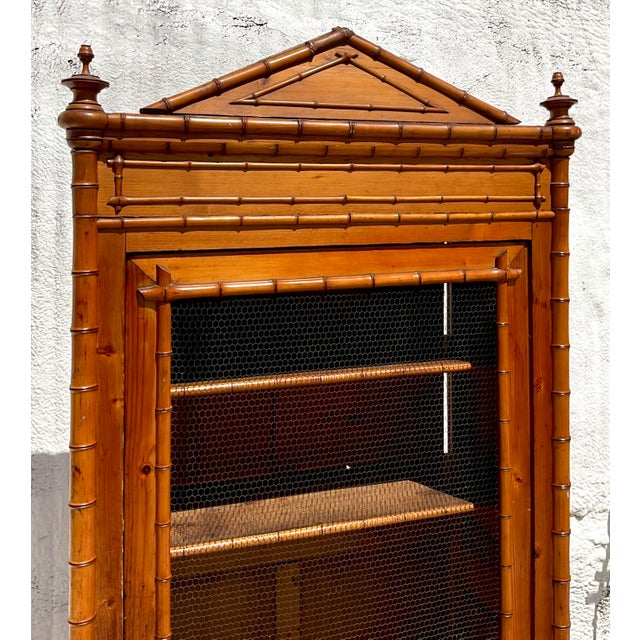 Wood Vintage Coastal Carved Bamboo Wire Front Armoire For Sale - Image 7 of 11