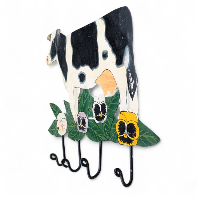 Farmhouse Vintage Folk Art Tole Metal Cow Wall Hooks Key Holder For Sale - Image 3 of 11