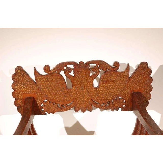 19th Century Anglo-Indian Brass Inlaid Savonarola Chair With Peacocks For Sale - Image 4 of 12