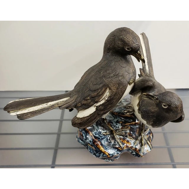 Chinese Vintage 1970's Chinese Shiwan Porcelain Magpie Birds on Rock Figurine For Sale - Image 3 of 6