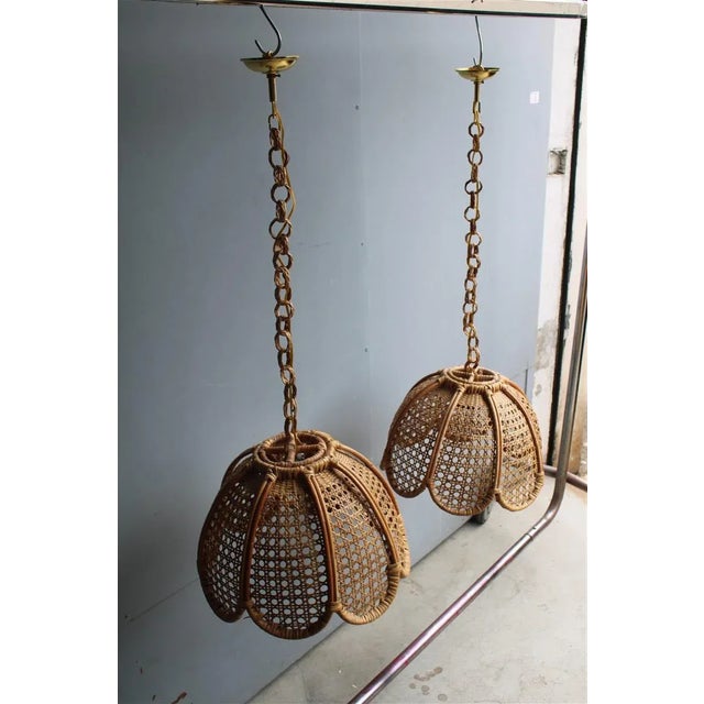 Bamboo, Straw and Brass Pendants, Italy, 1970s, Set of 2, in Very Good conditions. Designed 1970 to 1979 Up to 250V...