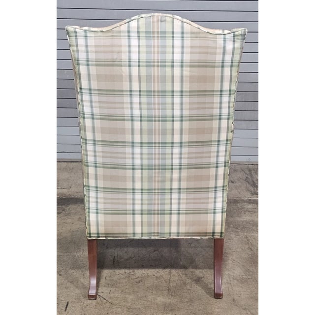 Late 20th Century Southwood Mahogany Queen Anne Style Wing Chair Plaid Fabric Trifold Feet For Sale In Cleveland - Image 6 of 8
