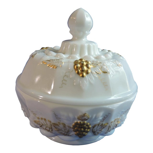 Vintage 1950's Westmoreland Milk Glass Gilded Paneled Grape Round Covered Candy Dish For Sale