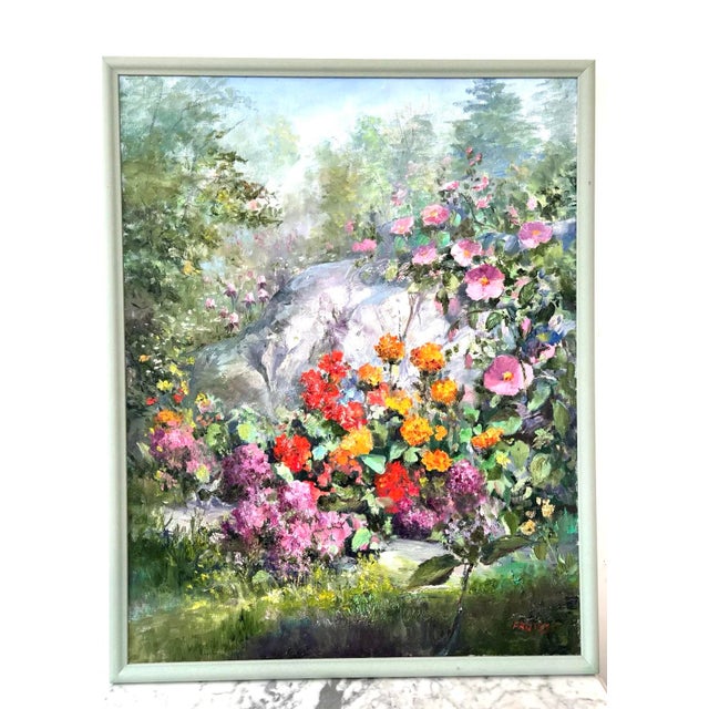 Late 20th Century Dorothy Fanizzi Framed Oil Painting on Canvas - 'Floral Rock' For Sale - Image 5 of 5
