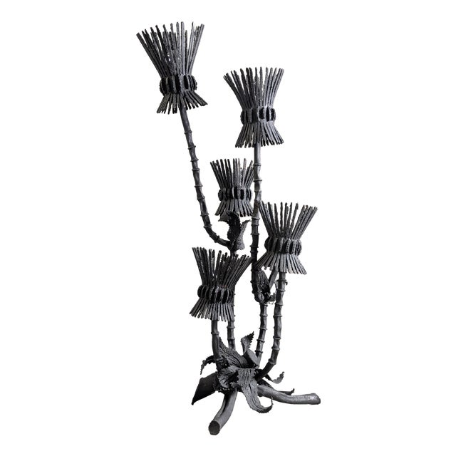 Brutalist Thistle-Shaped 5-Light Floor Lamp in Black Wrought Iron, 1970s For Sale