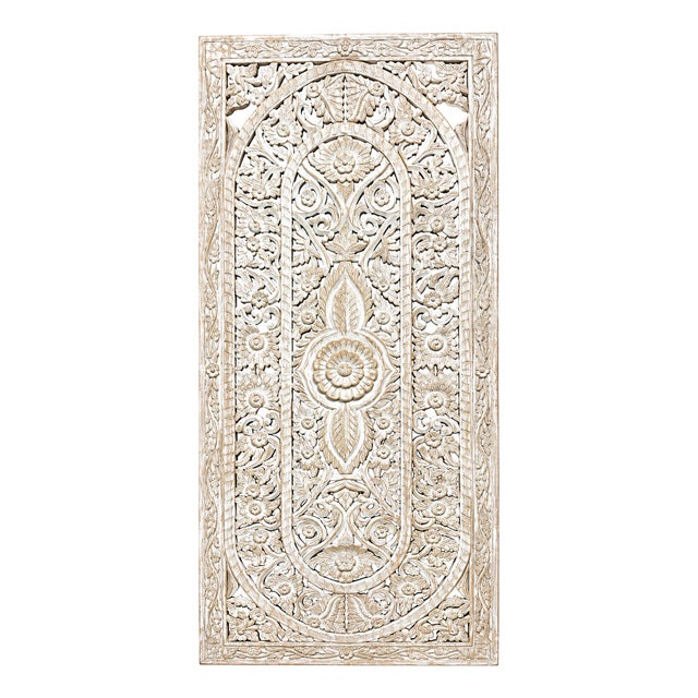 Natural Wood Floral Lattice Carved Door | Vintage Room Divider 80x36 For Sale