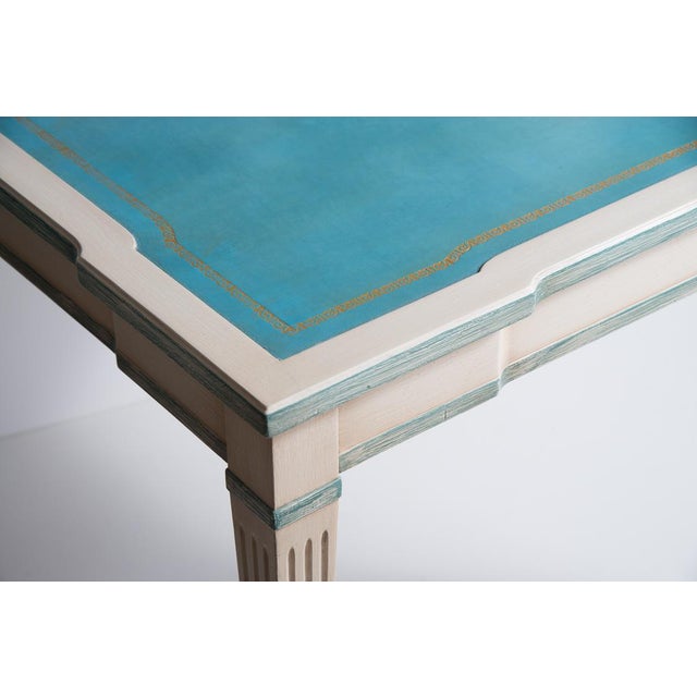 French Painted Game Table With Aqua Blue Tooled Leather Chairish