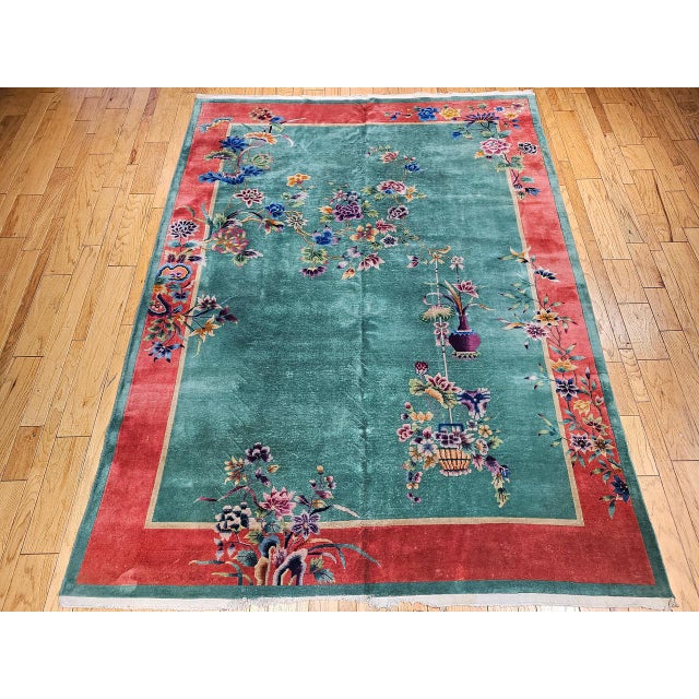 Textile Vintage Chinese Art Deco Hand-Knotted Wool Rug, Floral Design, 1920s, 9' x 12' For Sale - Image 7 of 15