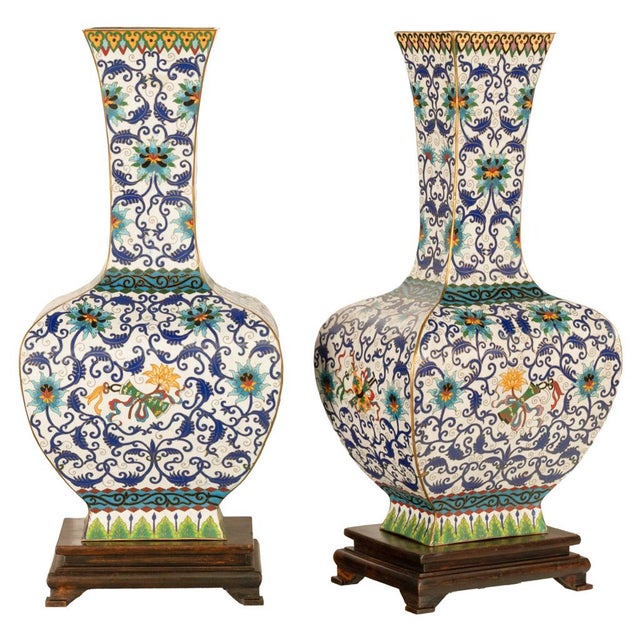 Paint Antique Pair Monumental Chinese Qing Qianlong Period Cloissoné Enamel Vases 1795 For Sale - Image 7 of 16