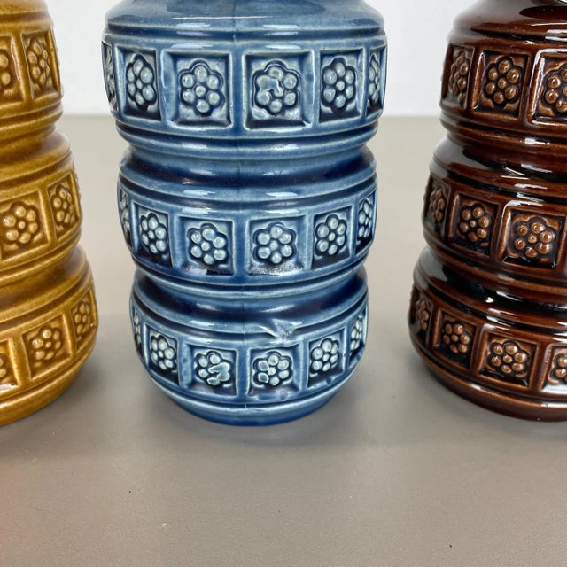 Blue German Pottery Fat Lava Vases Multi-Color from Scheurich, 1970s, Set of 3 For Sale - Image 8 of 16
