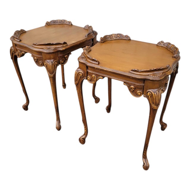 French Country Pair 1930s Country French Walnut Lamp Tables Hand Carved Original Finish For Sale - Image 3 of 12
