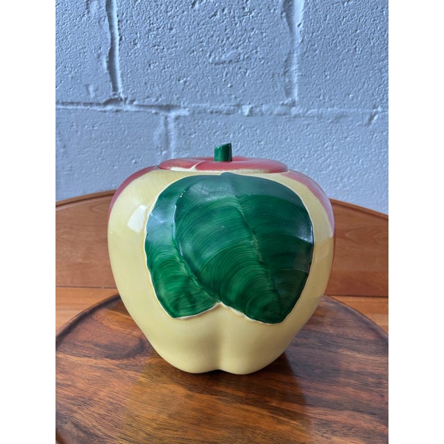 Mid-Century Ceramic Apple Cookie Jar With Sculpted Leaf Detail, Vintage Kitchen For Sale - Image 4 of 10