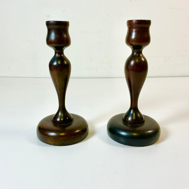 Early 20th C. Antique Federal Farmhouse Americana Hand Turned Walnut Candle Holders - A Pair For Sale - Image 4 of 11