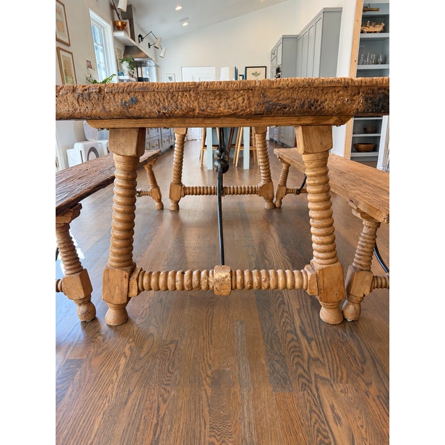 Rustic European Rough Hewn Dining Table With Bench Seating For Sale - Image 3 of 8