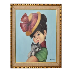Regency Carved Gilt Framed Spanish Girl and Gray Cat Painting Acrylic on Canvas
