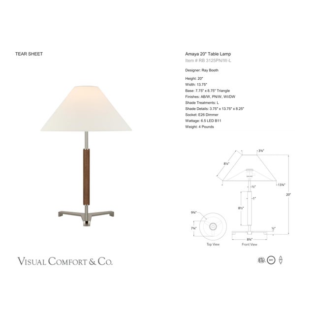 Ray Booth by Visual Comfort Signature Amaya 20" Table Lamp in Polished Nickel and Walnut with Linen Shade Designer: Ray...