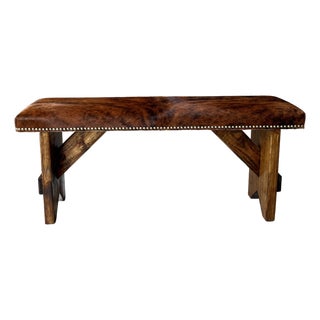 Circa 2000 Western Chic Hair-on-Hide Ranch-Style Accent Bench With Brass Nailhead Trim For Sale