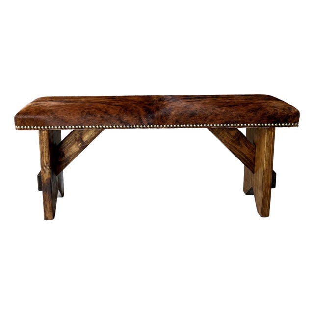 Circa 2000 Western Chic Hair-on-Hide Ranch-Style Accent Bench With Brass Nailhead Trim For Sale