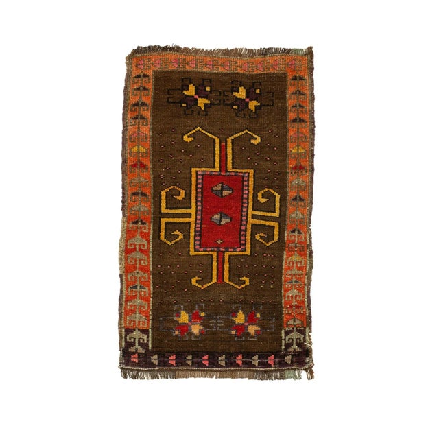 Orange & Brown Vintage Mini Rug For Sale - Image 4 of 4