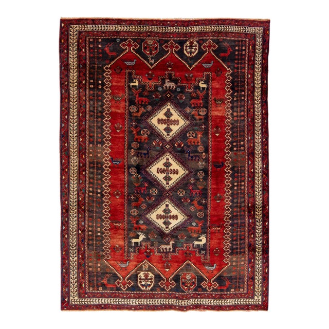 1960s Vintage Shiraz Handmade Medallion Red Wool Rug For Sale