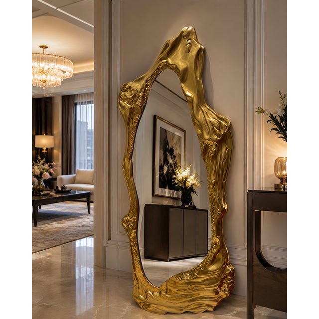 Make an unforgettable statement with this extra-large sculptural gold floor mirror, designed to function as both a...