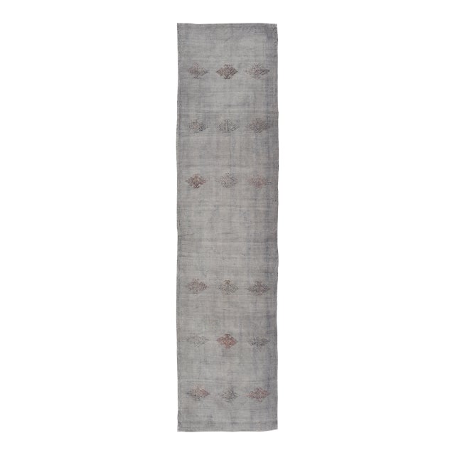 Vintage Turkish Kilim Runner With Subtle Geometric Motifs and Soft Gray Tones 2'4"x9'9" For Sale