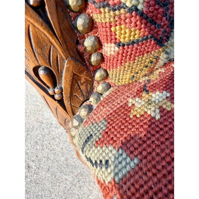 Antique Karpen French Style Needlepoint Bench, Carved Wood, Floral Tapestry For Sale - Image 9 of 12