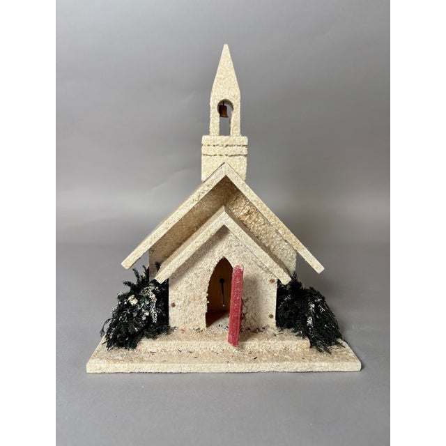 Vintage mid-century Christmas Putz church, circa 1940s–1950s, handcrafted of wood and fiberboard with a shimmering mica...