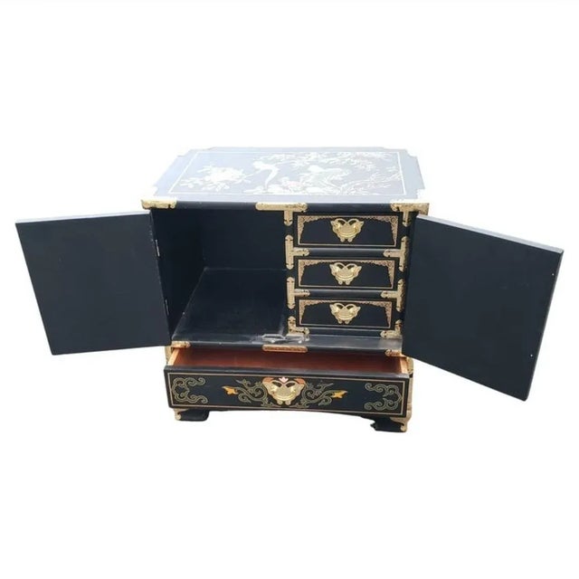 Paint Chinoiserie Hand Painted Black Lacquered Cabinet For Sale - Image 7 of 10