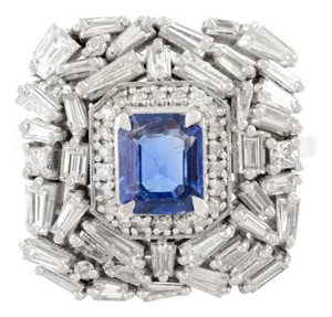 14k White Gold Blue Sapphire & Baguette Diamond Wedding Ring Size 7
