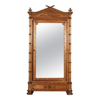 19th Century French Bamboo Beech & Pine Mirrored Armoire, 1870s For Sale