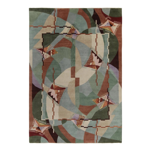 Rug & Kilim Chinese Style Art Deco Rug in Green, Blue & Brown Patterns - 12'x15' For Sale