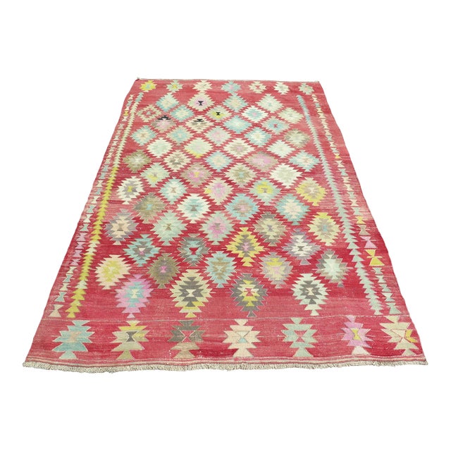 Mid 20th Century Vintage Turkish Kilim Wool Area Rug Boho Rug For Sale
