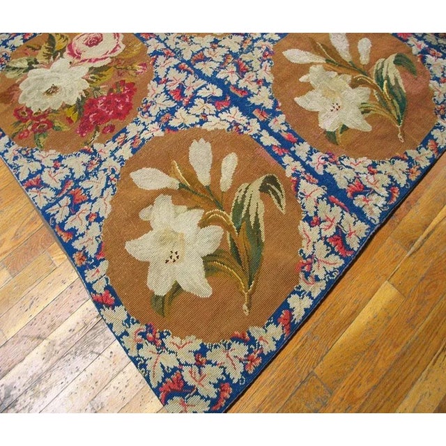 1870s Blue Floral Antique English Victorian Needlepoint Carpet 6' X 6' Flatweave Wool Rug For Sale - Image 9 of 9