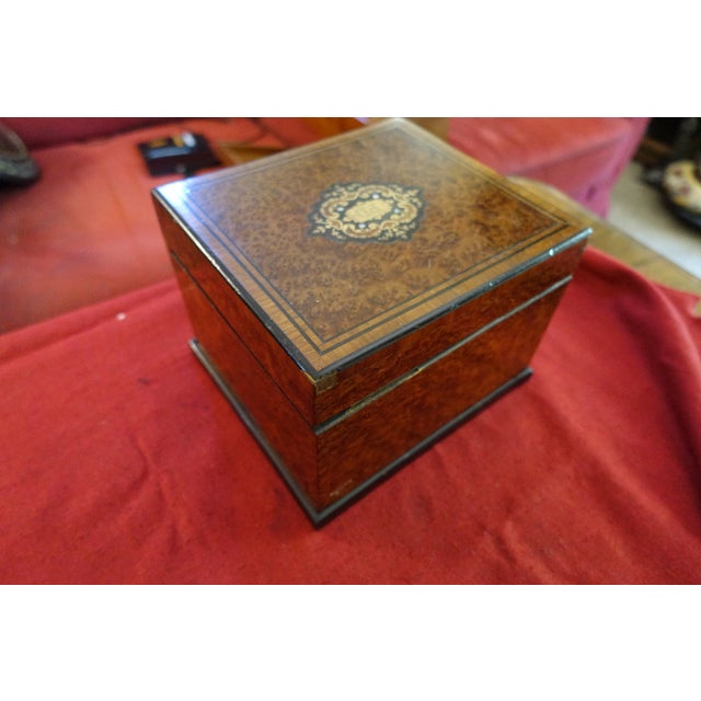 19th-century cigar humidor inlaid with burl wood, precious woods, and brass in excellent condition 21 x 19 x 16 cm...