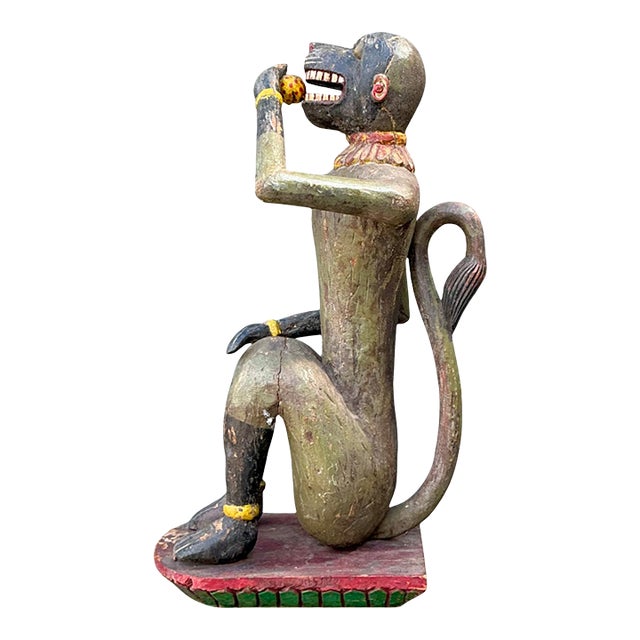 Vintage Painted Wood Monkey Sculpture For Sale