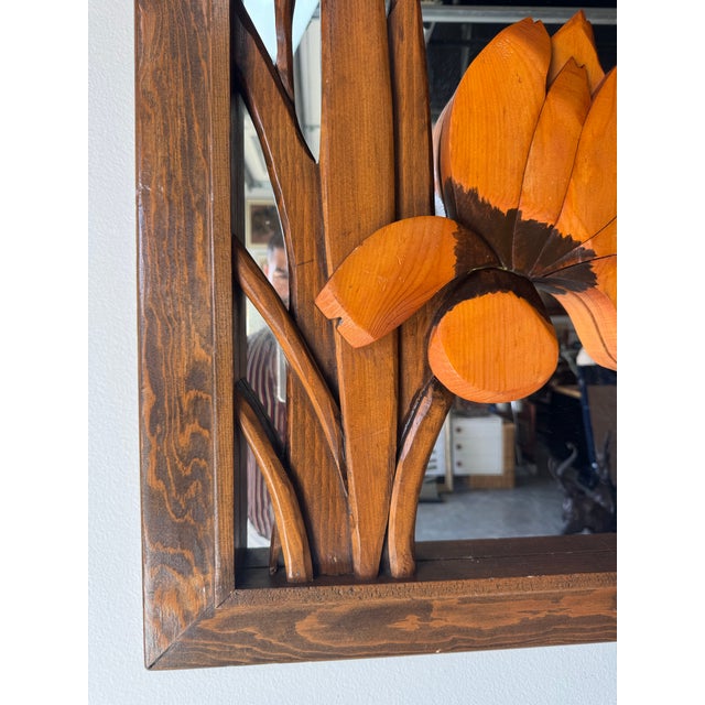 Brown 1982 Carpy Tropical Organic Carved Wood Iris Flowers Wall Mirror For Sale - Image 8 of 12