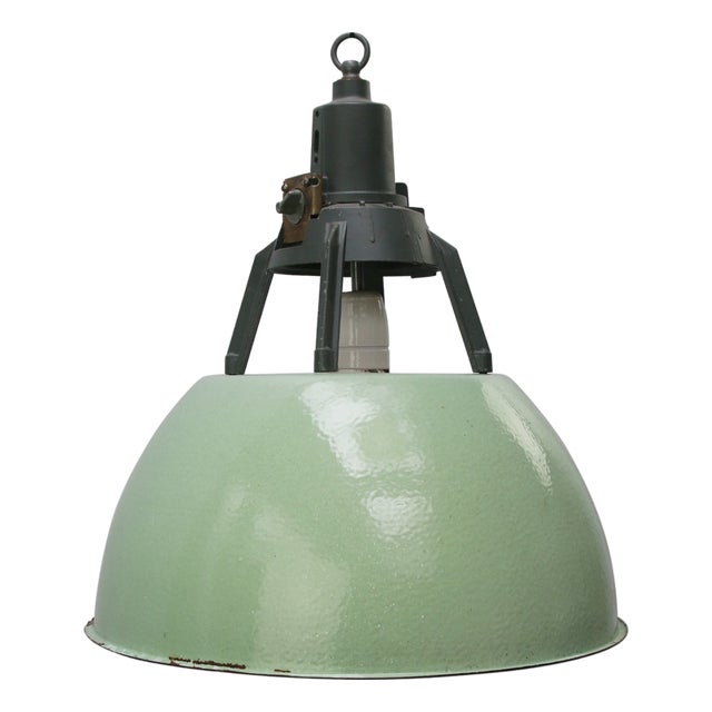 Vintage Industrial Green Enamel Pendant Light For Sale