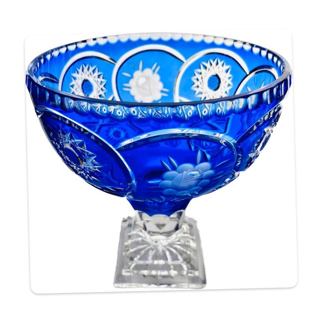 1960s Large Bohemian Style Blue Crystal Centrepiece Pedestal Bowl on Ball Stem and Square Base, 1960s For Sale - Image 5 of 12